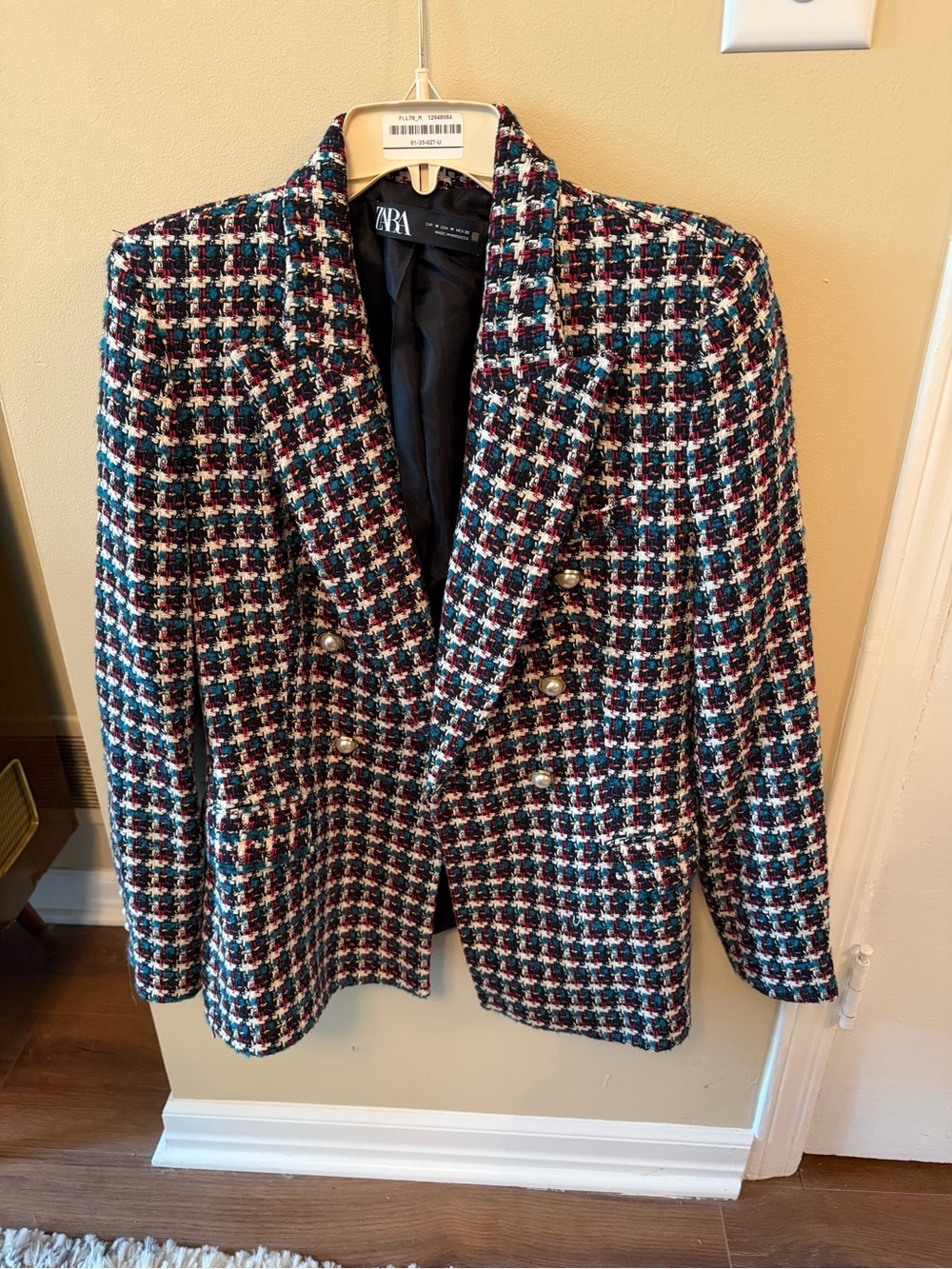 Zara Multicolor Tweed Double-Breasted Blazer with Black Lining